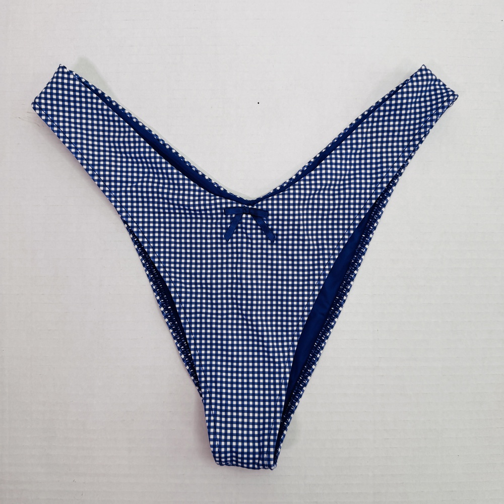 Frankies Bikinis Bikini Bottom Womens Medium Blue Gingham Cheeky Micro Bow Swim
